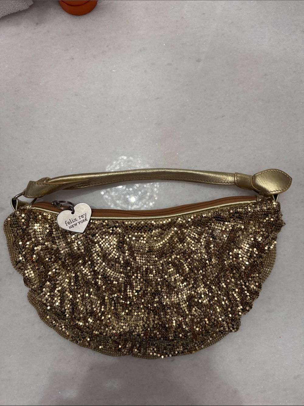 Felix Rey Gold Sequin Wristlet Clutch with Heart Charm